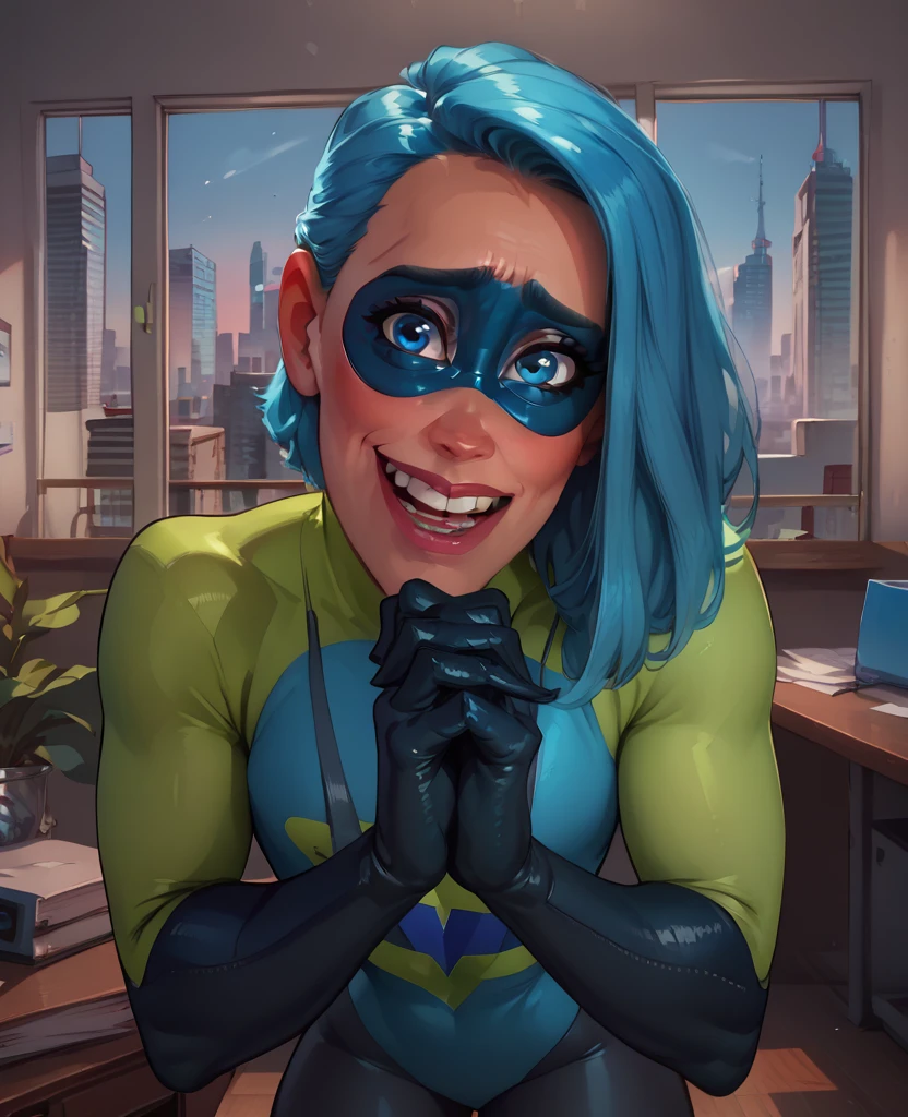 score_9,score_8_up,score_7_up,score_6_up,
Voydxl,blue hair,blue eyes,lips,own hands together,nervous smile,
domino mask,bodysuit,gloves,looking at viewer,upper teeth only,
leaning forward,
office,cityscape,indoors,
