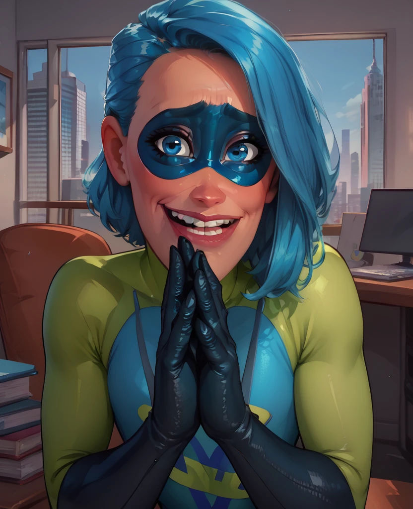 score_9,score_8_up,score_7_up,score_6_up,
Voydxl,blue hair,blue eyes,lips,own hands together,nervous smile,
domino mask,bodysuit,gloves,looking at viewer,upper teeth only,
leaning forward,
office,cityscape,indoors,
