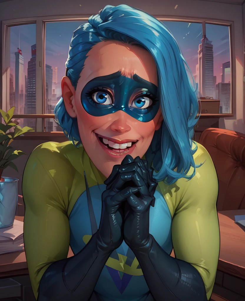 score_9,score_8_up,score_7_up,score_6_up,
Voydxl,blue hair,blue eyes,lips,own hands together,nervous smile,
domino mask,bodysuit,gloves,looking at viewer,upper teeth only,
leaning forward,
office,cityscape,indoors,
