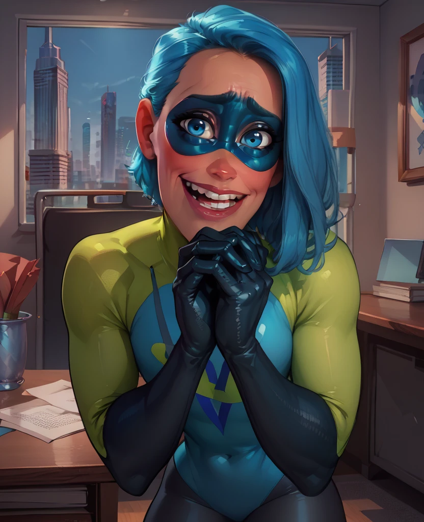 score_9,score_8_up,score_7_up,score_6_up,
Voydxl,blue hair,blue eyes,lips,own hands together,nervous smile,
domino mask,bodysuit,gloves,looking at viewer,upper teeth only,
leaning forward,
office,cityscape,indoors,
