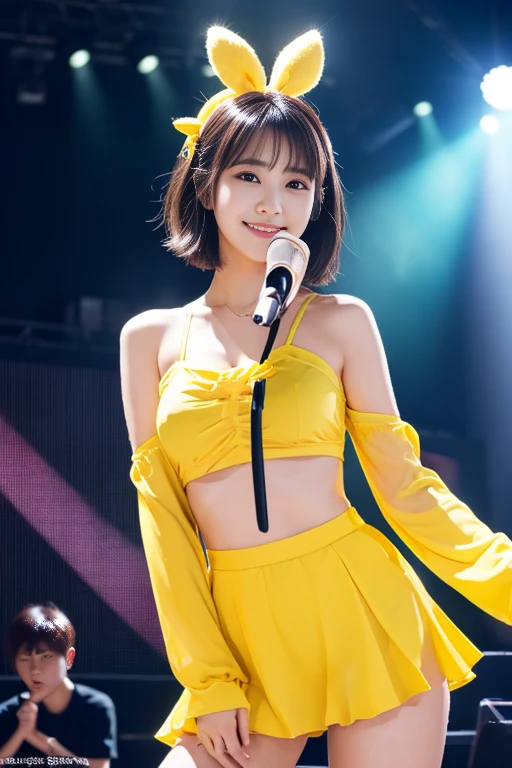 (An 18-year-old idol girl dancing on stage:1.5)、(Cute smile:1.2)、(The best quality at its best:1.4), (Super detailed), (Very detailed CG unified 16k), Beautiful woman with perfect figure: 1.4, Sharp focus: 1.2, Very detailed, High-quality RAW color photos, Professional photography, Great face and eyes, cosmetics, (Amazingly beautiful girl), ((Cute idol costumes:1.5)), Sexy posture，(View from below), Realistic movie faces, Full body long view from head to toe, Realistic, ((Realistic natural orange red hairstyle, Realistic blue eyes)), ( Short Bob Hair:1.5), (necklace:1.5)、, Very beautiful face, Perfect model beauty, Mouth swelling, Highly detailed face and skin texture, Fine grain, double eyelid, Medium chest, (masterpiece), highest quality, High resolution, Very detailed, Blurred Background, Depth of written boundary, Cinema Lighting, Great legs, , Clear, well-maintained skin,