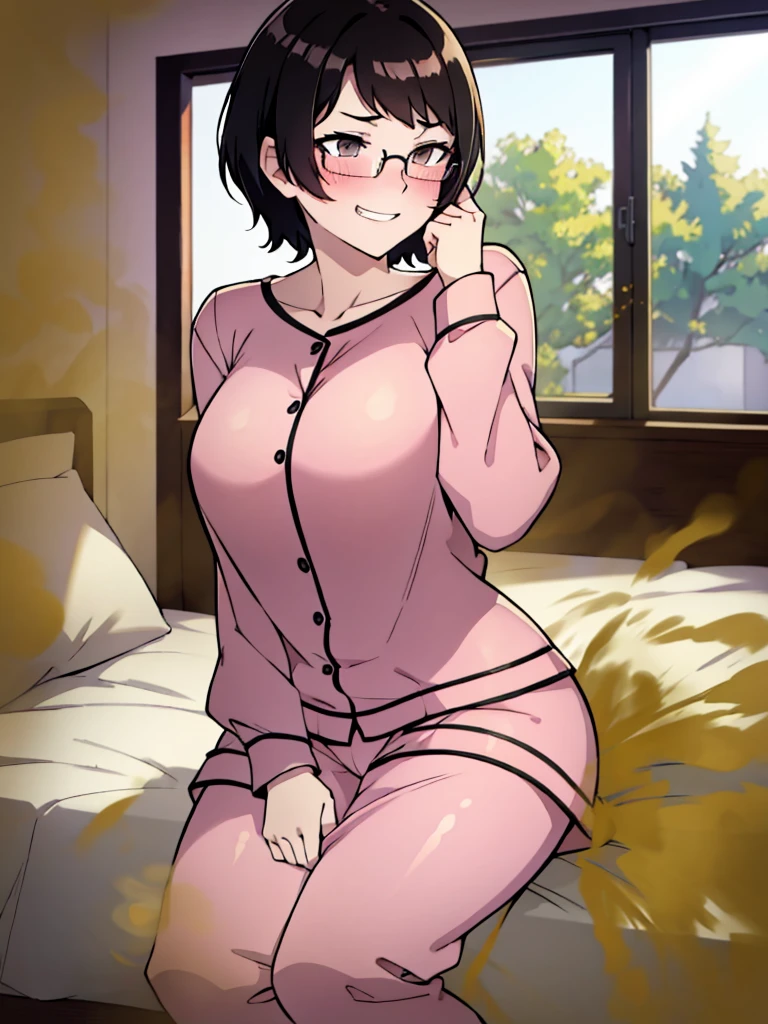 ((masterpiece, best quality)), full body, (solo 0.6), Dora, bracelet, (dark skin 0.6), dark brown hair, short hair, brown eyes, (dark nipples 0.8), indoors, night, sheer white invisible, nightgown, see through t=shirt, pink pajama pants, grinning, reading a book, on bed, on knees, young, large breasts