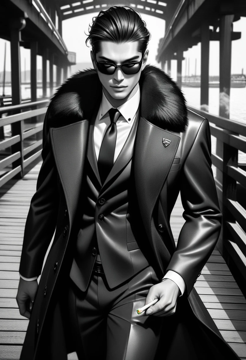 1boy, solo, mafia, 50 years old, Asian Male, Slicked-back black hair, sunglasses, Holding a cigarette, Smoke is streaming, Square jaw, Luxurious coat with fur, Armani Suits, monochrome, UHD, masterpiece, high details, Wharf, Walking towards the viewer