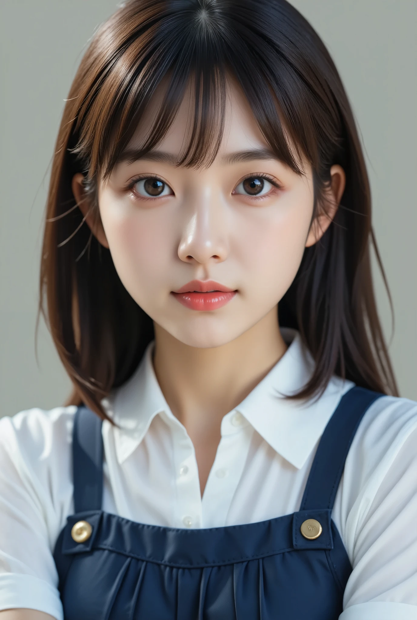 (masterpiece, Best Quality:1.2), One girl, High school girl, 18 years old, Alone, cute, Great face and eyes, (Highly detailed beautiful face), (Ultra Realistic), bangs, Brown eyes, (Highly detailed eyes, Highly detailed hair, Highly detailed face, Very detailed full lips), (White shirt, Sailor school uniform, Navy blue pleated skirt:1.2), chest,  (Best Quality:1.4), RAW Photos, (Realistic, photo-Realistic:1.37), Professional photography, Cinematic Light,
