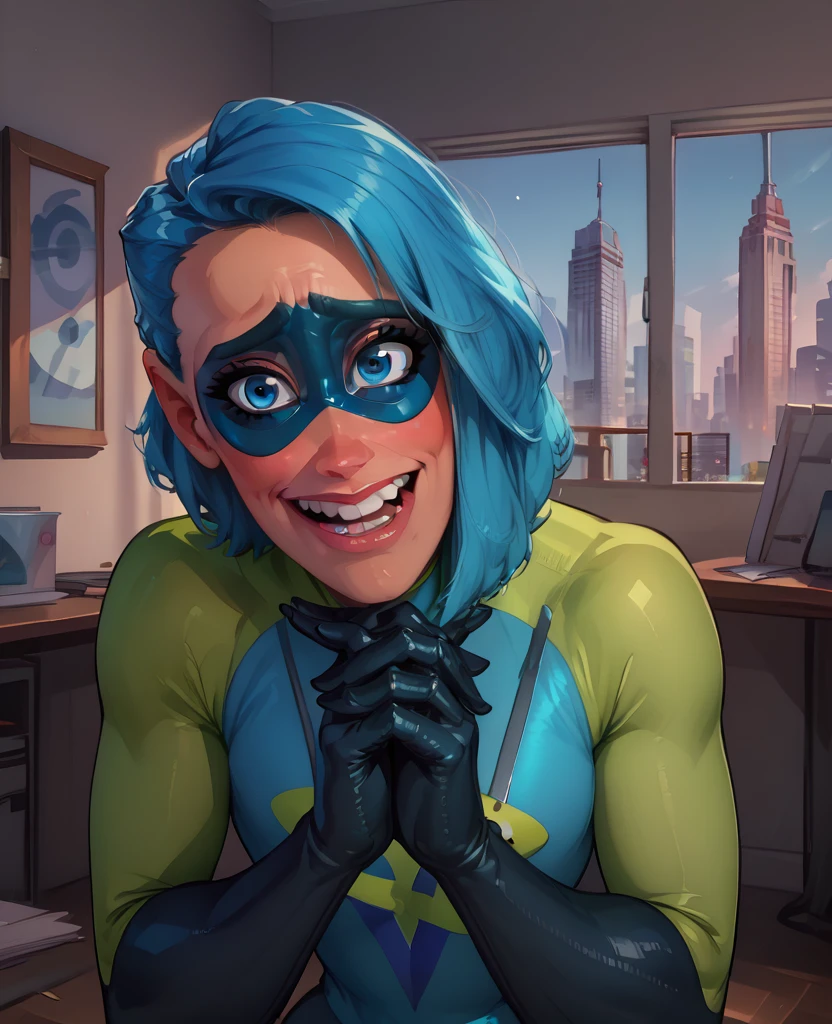 score_9,score_8_up,score_7_up,score_6_up,
Voydxl,blue hair,blue eyes,lips,own hands together,nervous smile,
domino mask,bodysuit,gloves,looking at viewer,upper teeth only,
leaning forward,
office,cityscape,indoors,
