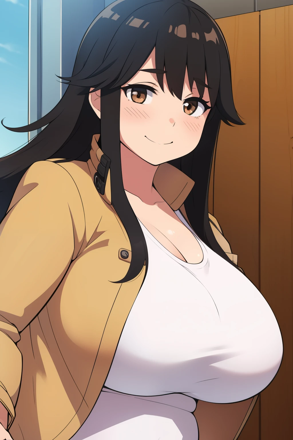 Chubby girl with big breasts, black hair, brown eyes, Long and messy hair, blushing smile, jacket