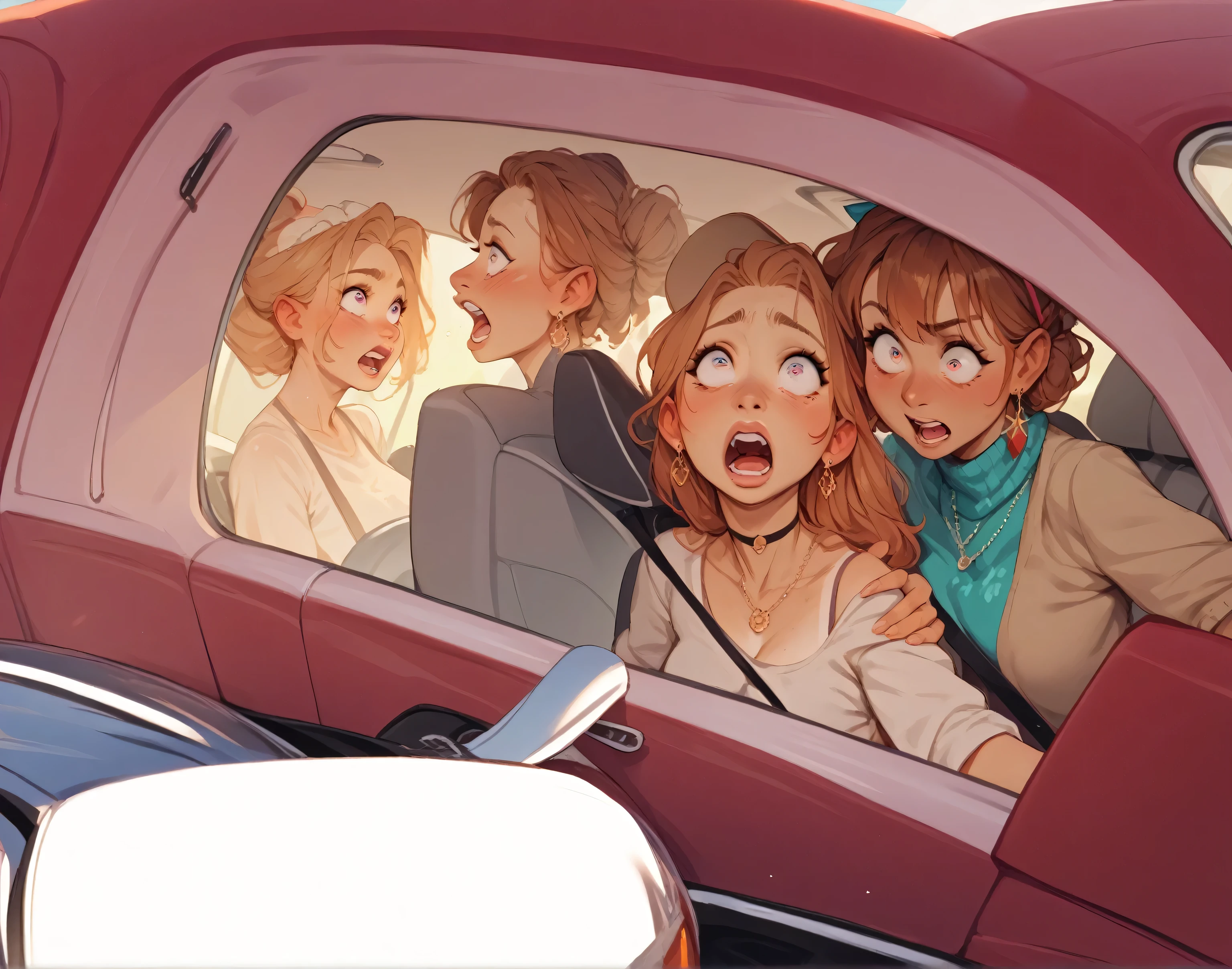 score_9, score_8_up, score_7_up, score_6_up, score_5_up, score_4_up, line art, 2 people in car ordering at drive through, riding in front seats of the car, shocked scared anime expressions, they are looking up at something 