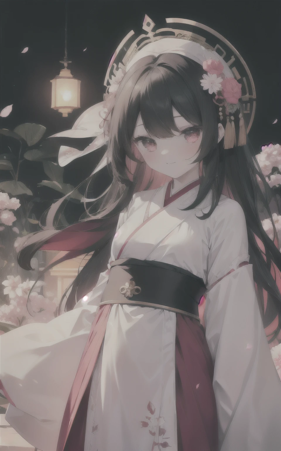 Very detailed,Very detailed,highest quality,figure,(Best Character Details:1.36), black hair Beautiful ancient palace background very close to the viewer,Exquisite architecture,(Delicate background),(Soft glow:0.8),{bloom},sunlight,red lantern,firework, Pink Flower, 1girl,alone,whole body,Year:7,,(change:1.8),(girl:0.4),Are standing,Put your arms behind your back,{{Grin}}, Dynamic Angle,View your viewers,{{cute}},cute face,Tight waist,(chest:0.9) beautiful black hair,Long Hair,floating hair,{{{pink eye}}},bright_eye,Slope_eye,{{zoom in eye}},eyeを大きくする (Gorgeous Hanfu|white:1.65|red:0.15|golden lace),white stockings,hair ornaments,black hair_ribbon,