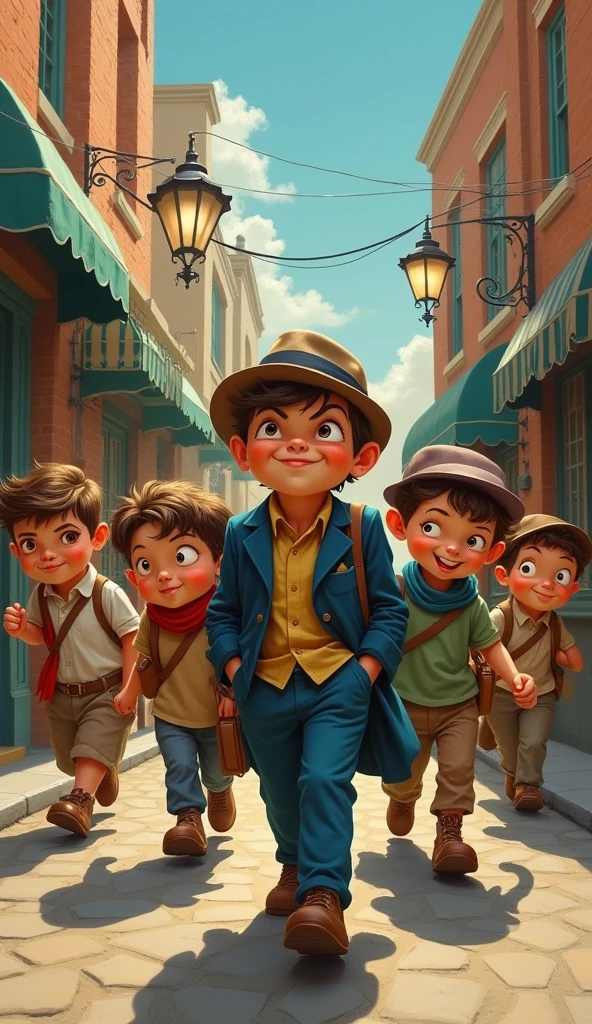 retro Disney style painting, a group of kids walking confidently down the street, the first one in the lead acts like a mafia boss