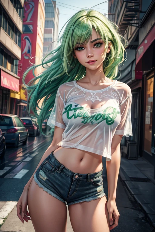 (best quality, 4K, 8K, high resolution, masterpiece: 1.2), ultra-detailed, (realistic, photorealistic: 1.37), ((1 outgoing girl)), alone, ((long neon green hair messy in the wind)), ((beautiful neon green eyes)), medium breasts, best quality low-cut clothes, (transparent, lace t-shirt:1.47, micro shorts:1.4), perfectly shaded body, looking at the viewer, luxurious, elegant, extremely detailed, colorful lips pink, smiling, shy, feminine charm, perfect body with realistic shadows, street, rains, depth of field, sensualizing movement