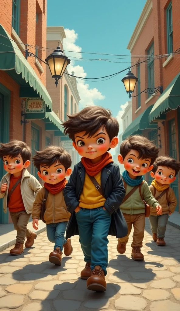 retro Disney style painting, a group of kids walking confidently down the street, the first one in the lead acts like a mafia boss