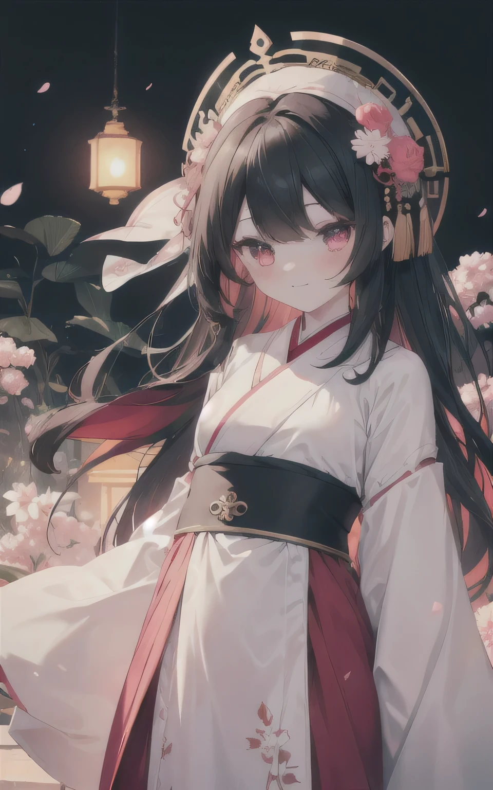 Very detailed,Very detailed,highest quality,figure,(Best Character Details:1.36), black hair Beautiful ancient palace background very close to the viewer,Exquisite architecture,(Delicate background),(Soft glow:0.8),{bloom},sunlight,red lantern,firework, Pink Flower, 1girl,alone,whole body,Year:7,,(change:1.8),(girl:0.4),Are standing,Put your arms behind your back,{{Grin}}, Dynamic Angle,View your viewers,{{cute}},cute face,Tight waist,(chest:0.9) beautiful black hair,Long Hair,floating hair,{{{pink eye}}},bright_eye,Slope_eye,{{zoom in eye}},eyeを大きくする (Gorgeous Hanfu|white:1.65|red:0.15|golden lace),white stockings,hair ornaments,black hair_ribbon,