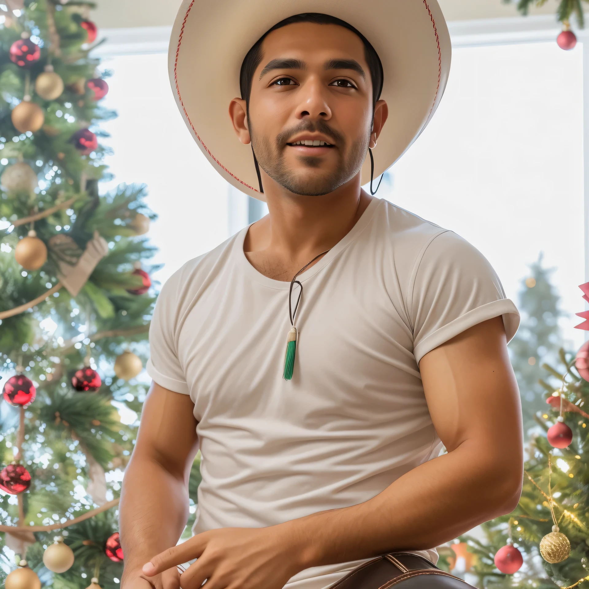 there is a man wearing a hat and riding a horse, andres rios, victor maristane, eloy morales, jose miguel roman frances, christian orrillo, mexican vaquero, juan diaz canales, alejandro, zigor samaniego, 🤠 using a 🖥, carlos ortega elizalde, julian calle, profile photo, profile pic,HD, (finest details), (best quality), Merry, Christmas decorations, night, Christmas theme, Christmas gifts, Christmas tree, best quality, high resolution, Christmas decorations, lights, snowflakes, (( (Red Christmas hat))),