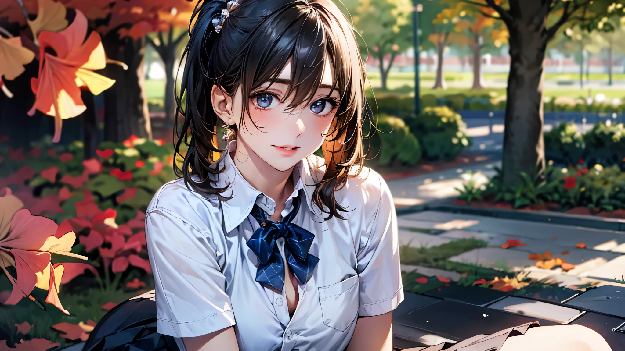 very cute and beautiful girl,(very detailed美しい顔), (smile),white blouse,ribbon,Pleated plaid blue mini skirt, sitting,spread your legs,white panties,looking at the viewer,black hair,low ponytail, countryside,top of the hill,wood柵,summer,wood, (highest quality,masterpiece:1.2),disorganized,High resolution,super detailed,very detailed,32K,8K resolution, intricate details,movie-like scene,detailed background,alone,dynamic angle, hair blowing in the wind,beautiful and detailed sky,