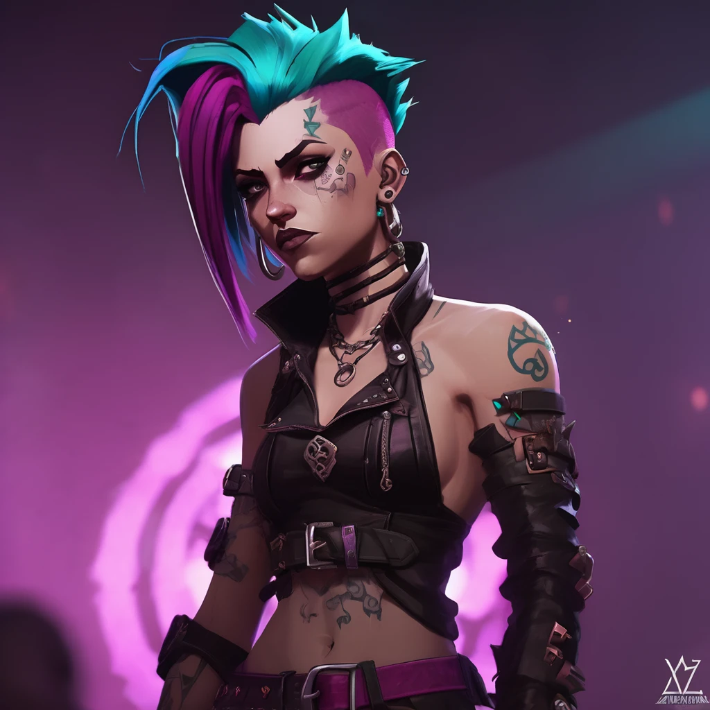 Arcane, dynamic pose. league of legends, full body image, dynamic pose, punk rocker from Zaun with long, colorful hair styled into a spiky mohawk of bright turquoise and magenta hues. lean, athletic build. Full body image. covered in intricate tattoos. Riot wears a black, skin-tight Zaunite leather outfit adorned with metal spikes and patches, emphasizing her rebellious attitude. Her face has several piercings, including a nose ring and lip piercing, and her expression exudes confidence and intensity. She should be depicted in the style of Arcane, with a gritty, dark aesthetic that blends steampunk elements with fantasy RPG concepts. The lighting should be dramatic, with Zauns industrial glow illuminating her presence.

