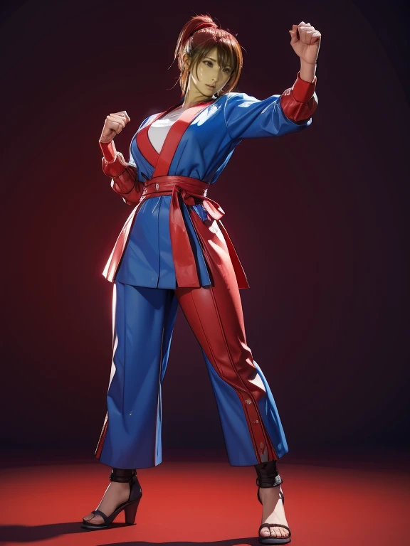 A woman in her fifties wearing red and blue clothes is posing, Fighting game characters, 3d character art 8k, Asuka, As a character in Tekkun, King of Fighters characters, Fighter Pose, Mirabelle Madrigal&#39;s rendering, Combat pose, 3D Character Art, 8k octa-rendered photo, She&#39;s ready to fight, Fighting pose