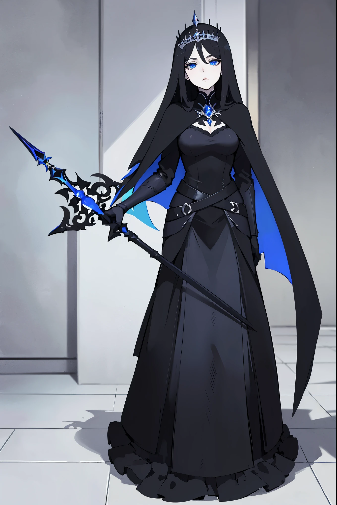 masterpiece, 1 girl, solo, long black hair, hair over face, long black/blue dress, silver heavy armor, tiara, black veil, long cape, silver boots, pale skin, sleepy, blue eyes, full body, holding a silver staff, in a gothic cathedral