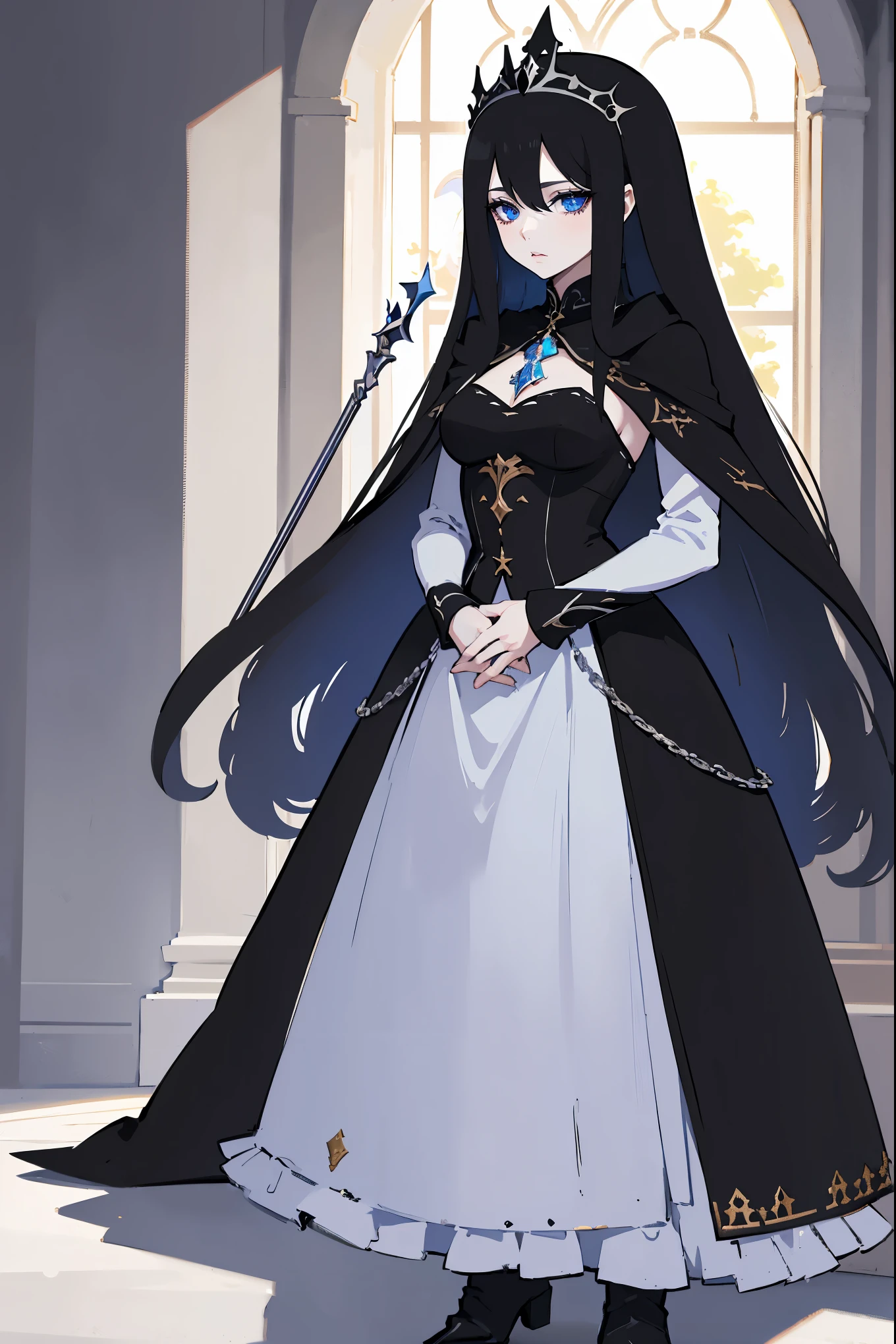 masterpiece, 1 girl, solo, long black hair, hair over face, long black/blue dress, silver heavy armor, tiara, black veil, long cape, silver boots, pale skin, sleepy, blue eyes, full body, holding a silver staff, in a gothic cathedral