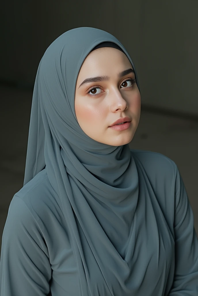 Realistic photo,wearing dress and long hijab grey colours, look from above, hyperrealistic, masterpiece, sweet ekspresion, melancholy , standing tall photo, bright eyes, sexy lips, detailed makeup, detailed eyes cornea, wearing hijab no hair looks, blush pink cheek, outdoor background