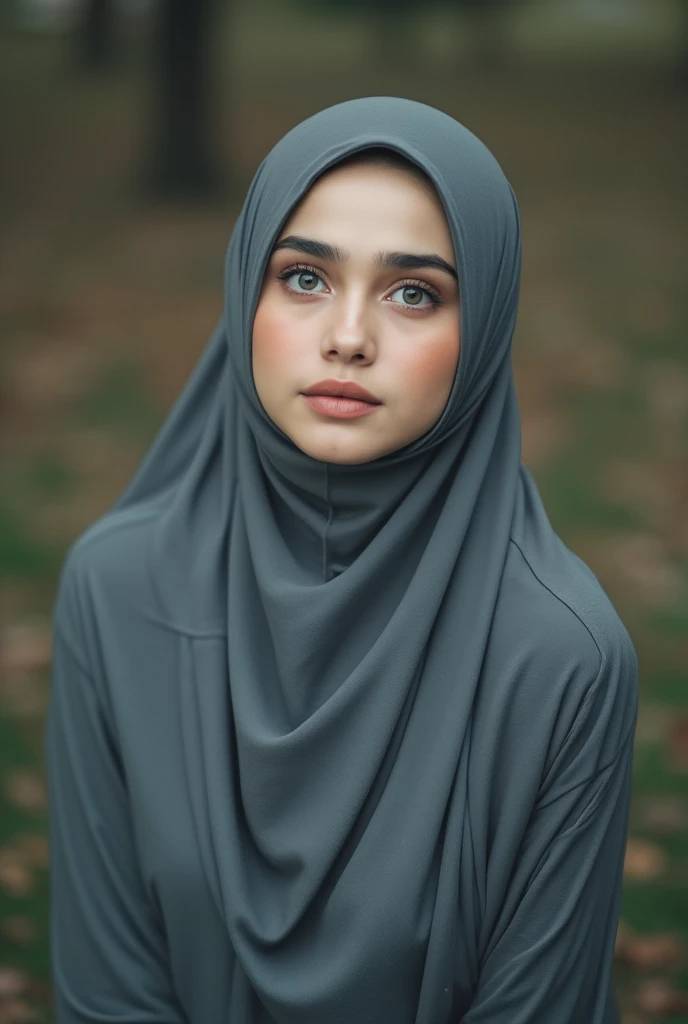 Realistic photo,wearing dress and long hijab grey colours, look from above, hyperrealistic, masterpiece, sweet ekspresion, melancholy , standing tall photo, bright eyes, sexy lips, detailed makeup, detailed eyes cornea, wearing hijab no hair looks, blush pink cheek, outdoor background