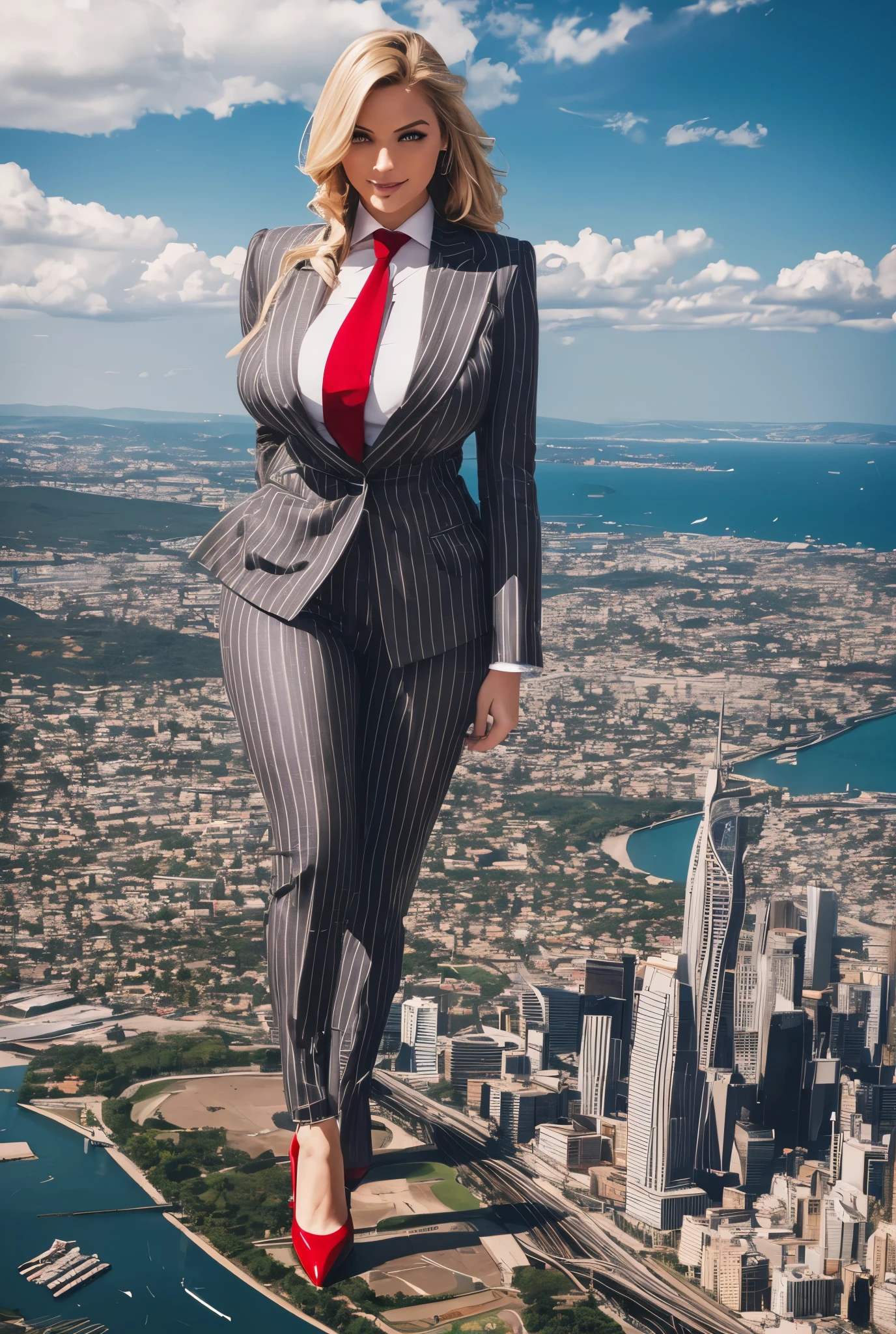 Young woman, giantess art, giga giantess in distance walking on through city, women with beautiful curves, massive thighs, blonde hair, lipstick, wearing a perfect  grey pinstripe trouser suit and blazer, crisp white shirt, and a large blade width Windsor knot red tie, with massive breasts. She is wearing platform high heels and standing on a miniature city, with skyscrapers at her feet, smiling with her huge breasts. This image is highly detailed, photorealistic, best quality, a masterpiece, with cinematic lighting, ultra-detailed, featuring black patent Louboutin pumps, low altitude photography, satellite view, a curvy figure, heaving bosom, legs, a mega city, urban sprawl, small towns, destruction, buildings, roads, a cloudy, overcast, hazy atmosphere, and wispy clouds.