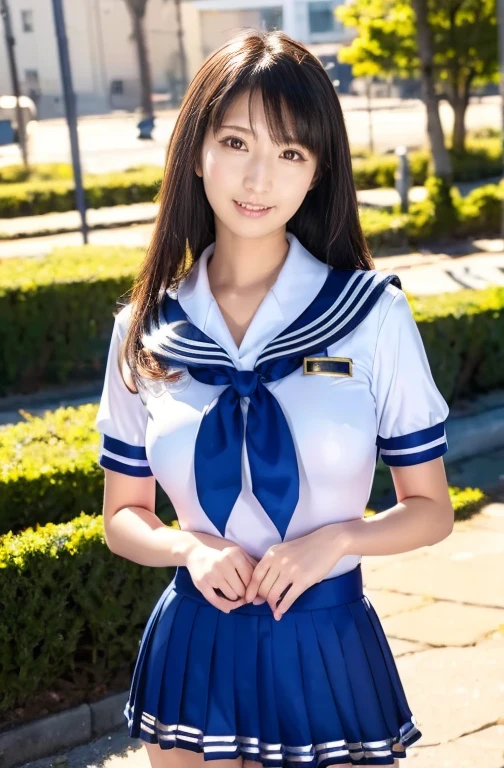 Very cute and pretty girl) (Very cute face:1.2),(baby face),(big, Sparkling, transparent, Attractive eyes:1.2), Beautiful detailed eyes, Double eyelids with attention to detail, smile, (Photorealistic photography:1.1), Running on the road,
(Ultra-glossy metallic navy blue sailor high school uniform:1.5),(Ultra shiny metallic dark blue pleated skirt :1.1),
(Brown Hair:1.2),Professional portrait photography ,Costume with a very smooth and highly reflective surface 