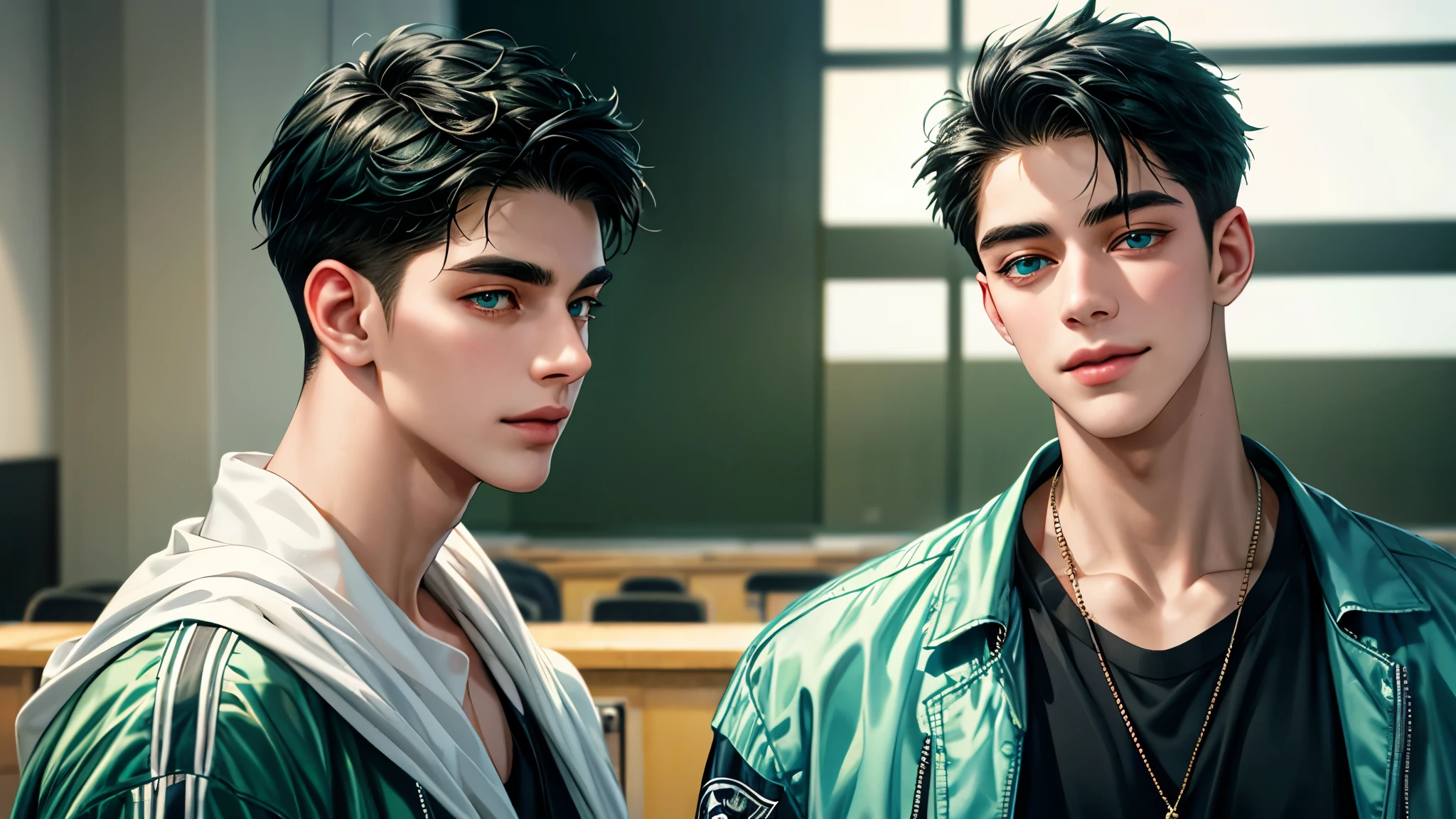 a handsome young man, black hair, badboy, short hair, blue eyes, ombros largos, masterpiece, absurd face, beautiful and detailed, gentle smile, with dark green adidas jacket, sunny environment during the day, in a classroom talking to two young classmates