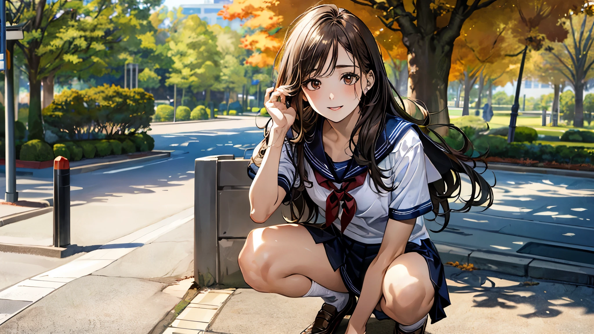 (masterpiece:1.3, top-quality), ultra high res, ultra detailed, (realistic, photorealistic:1.4), beautiful illustration, perfect lighting, colorful, depth of fields,
looking at viewer, (face focus, upper body), 1 girl, 独奏, hight school girl, gravure model, (large breasts:0.8, large ass, seductive thighs, skindentation),
(long hair:1.2, straight hair:1.2, hair intakes, Bronze hair), asymmetrical bangs, (brown) eyes, drooping eyes, big eyes, shiny skin,
beautiful hair, beautiful face, extremely detailed face, beautiful detailed eyes, beautiful clavicle, beautiful body, beautiful chest, beautiful thigh, beautiful legs, beautiful fingers,
(detailed cloth texture, navy knit vest, collared short sleeve white shirt, grey plaid pleated skirt, grey plaid tie), black socks, white panties, black school bag,
(beautiful scenery), evening, (downtown, ), squatting, (lovely smile. upper eyes), (((Ultra-small sailor uniform)))