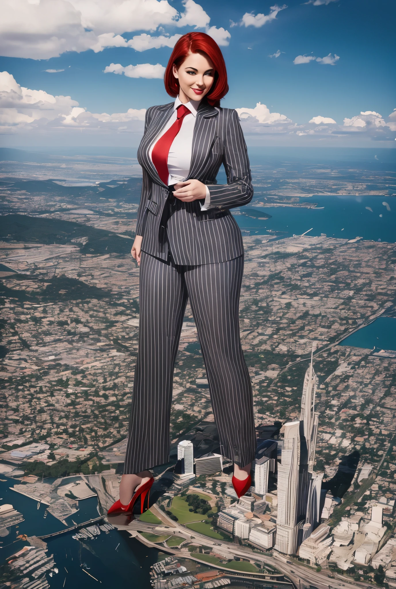 Young woman, giantess art, giga giantess in distance walking on through city, women with beautiful curves, massive thighs, red hair, lipstick, wearing a perfect  grey pinstripe trouser suit and blazer, crisp white shirt, and a large blade width Windsor knot red tie, with massive breasts. She is wearing platform high heels and standing on a miniature city, with skyscrapers at her feet, smiling with her huge breasts. This image is highly detailed, photorealistic, best quality, a masterpiece, with cinematic lighting, ultra-detailed, featuring black patent Louboutin pumps, low altitude photography, satellite view, a curvy figure, heaving bosom, legs, a mega city, urban sprawl, small towns, destruction, buildings, roads, a cloudy, overcast, hazy atmosphere, and wispy clouds.