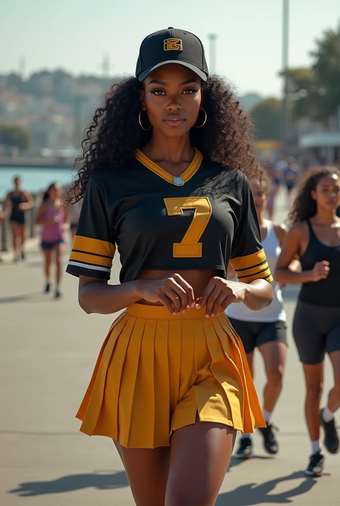 
young Somali woman 25 years old, large afro puff ponytail, caramel skin, wearing gold jewelry wearing workout out clothes walking through a crowd

