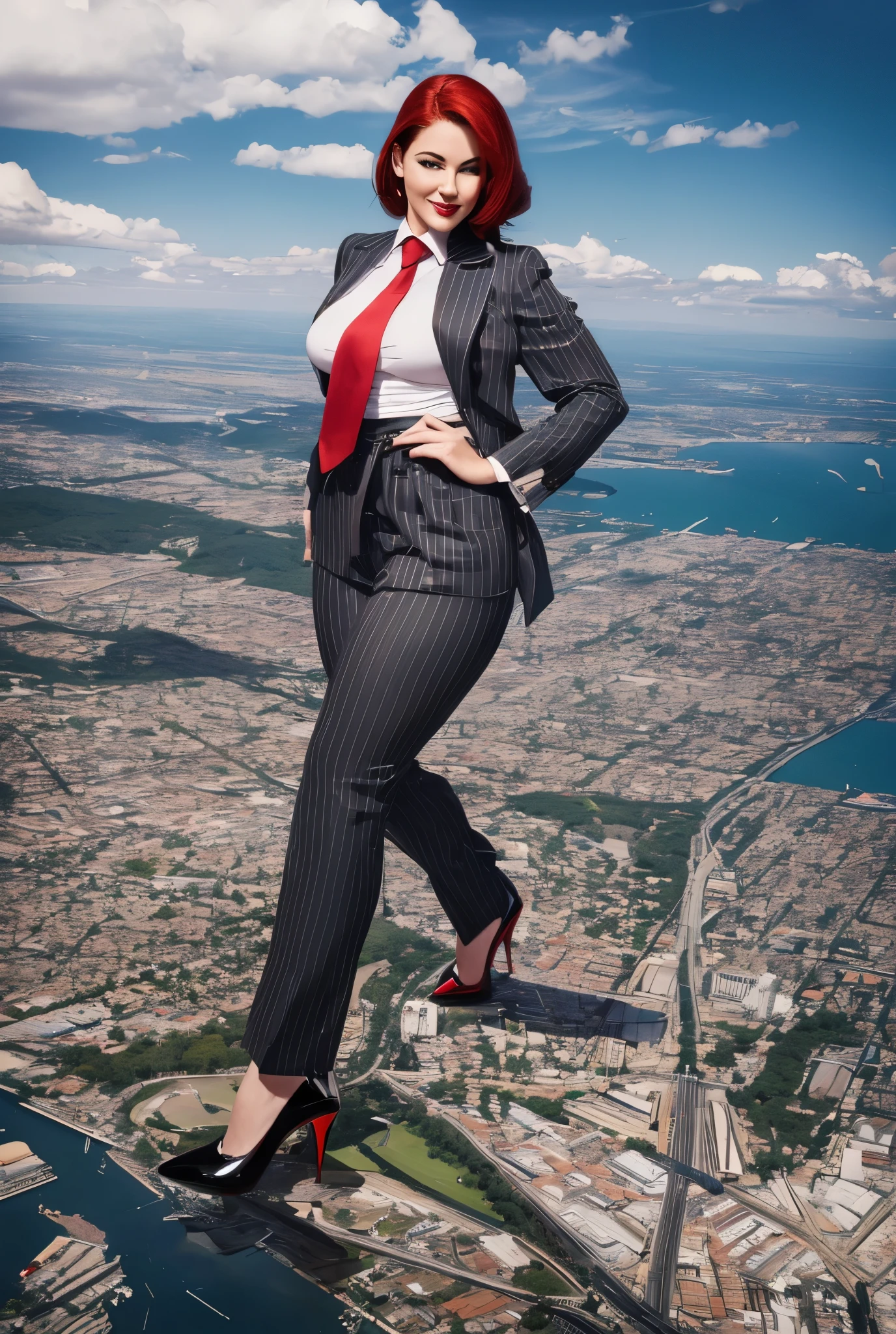 Young woman, giantess art, giga giantess in distance walking on through city, women with beautiful curves, massive thighs, red hair, lipstick, wearing a perfect  grey pinstripe trouser suit and blazer, crisp white shirt, and a large blade width Windsor knot red tie, with massive breasts. She is wearing platform high heels and leaning over a miniature city, with skyscrapers at her feet, smiling with her huge breasts. This image is highly detailed, photorealistic, best quality, a masterpiece, with cinematic lighting, ultra-detailed, featuring black patent Louboutin pumps, low altitude photography, satellite view, a curvy figure, heaving bosom, legs, a mega city, urban sprawl, small towns, destruction, buildings, roads, a cloudy, overcast, hazy atmosphere, and wispy clouds.