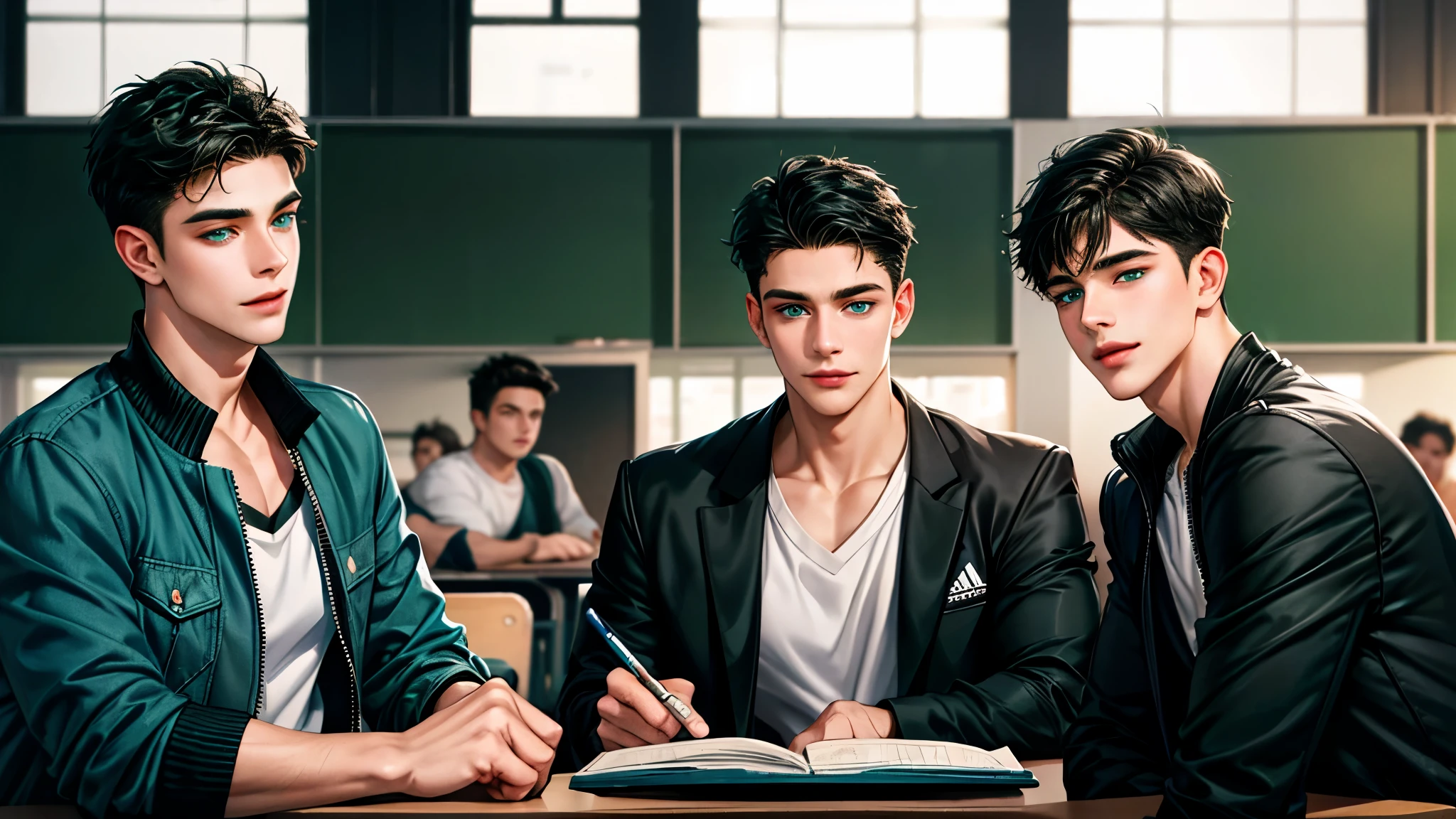 a handsome young man, black hair, badboy, short hair, blue eyes, ombros largos, masterpiece, absurd face, beautiful and detailed, gentle smile, with dark green adidas jacket, sunny environment during the day, in a classroom talking to three young colleagues