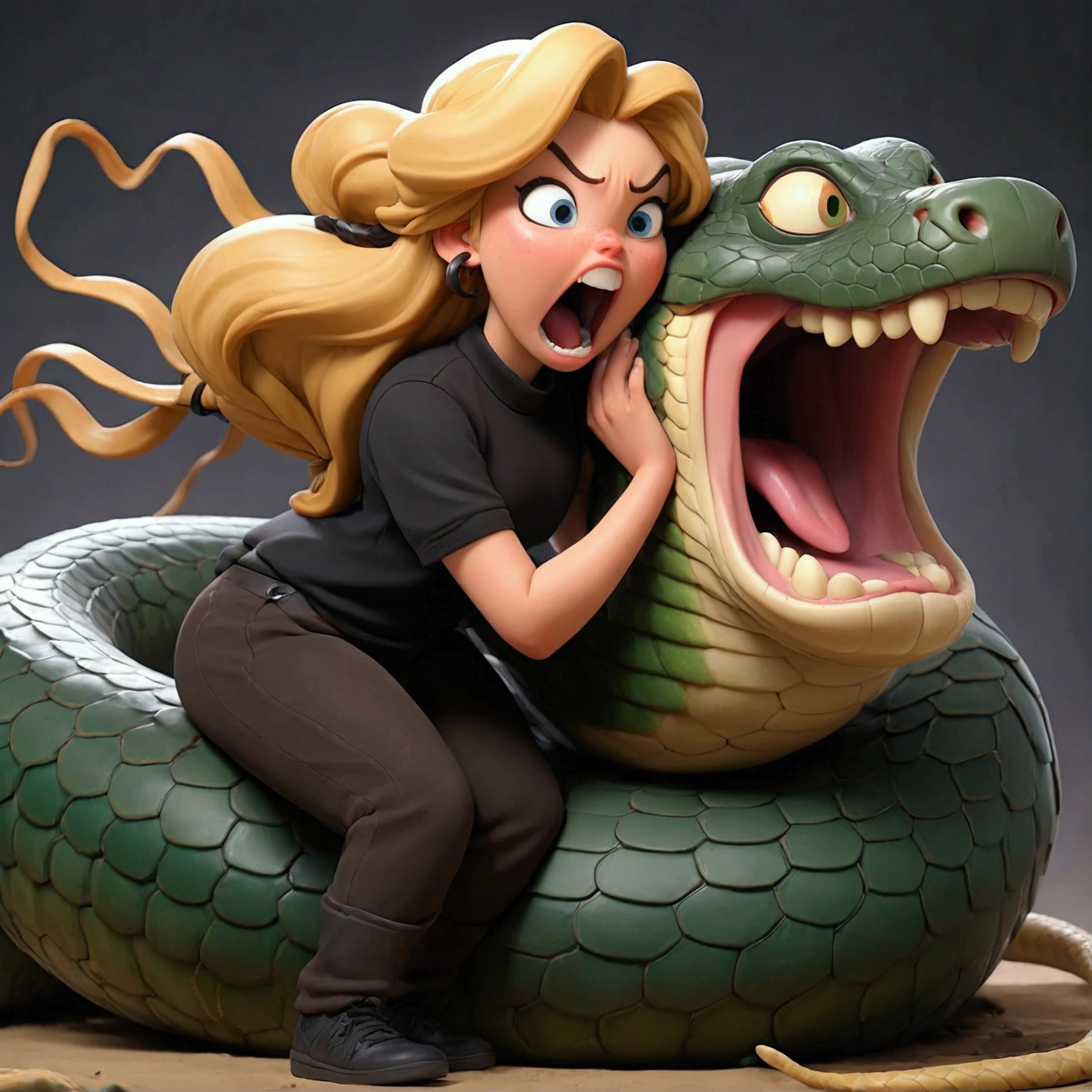 a pixar girl with blond hair brown eyebrows and blue eyes, masterpiece, best quality, highres, blonde hair, messy hair, large breasts, unique hair detailed, large breasts, breasts out, beautiful detailed eyes, cleavage, snake, (coiled), (python), snake scales detailed, restrained, scared face, crying, nude, masterpiece}}}, {{highly extreme detailed}}, solo, Focus on the girl, anime, nsfw, tears, Nude, ((milk dripped from her nipples)), blush, {??????}, {sweaty}, {{python ???}}, (((object insertion))), jangle, spread arms, interspecies, ??????????, (Giant python ??????????, Giant python ???, ((Giant python ????)), Giant python ????, Giant python Coils, Passionate Squeeze) (((Giant python coils, Passionate squeeze, ))), coils,((Tge girl is wrapped around a giant python)), ((giant python ????)), giant python ???, bedroom