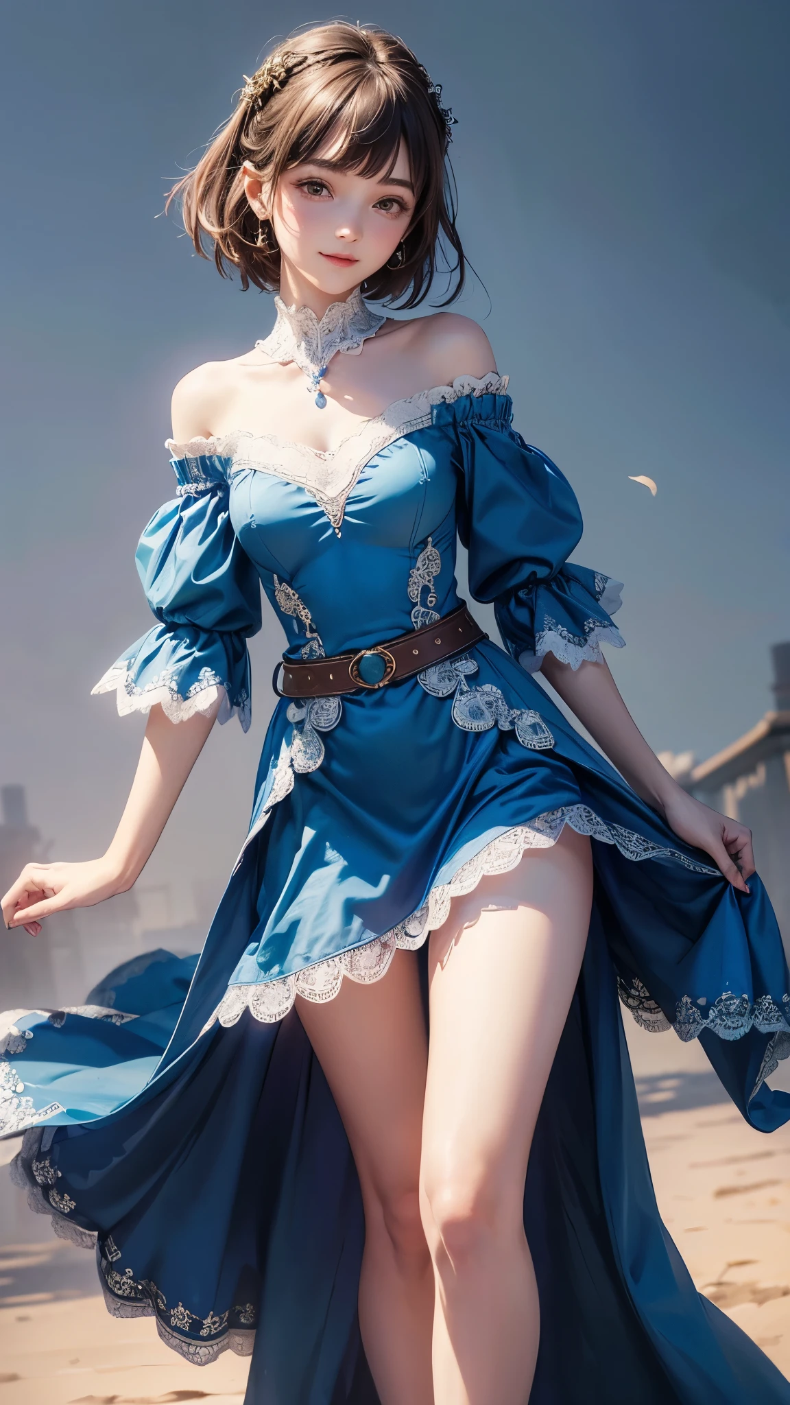 One girl, young girl, (small breasts), wearing long dress, (arm sleeves), ((off shoulder )), one side leg waist slit, blue dress, white frills, made of lace, lacework, brown belt, thighs, short hairs, blushing, smiling, extremely detailed face, 4k, perfect lighting, (standing straight)