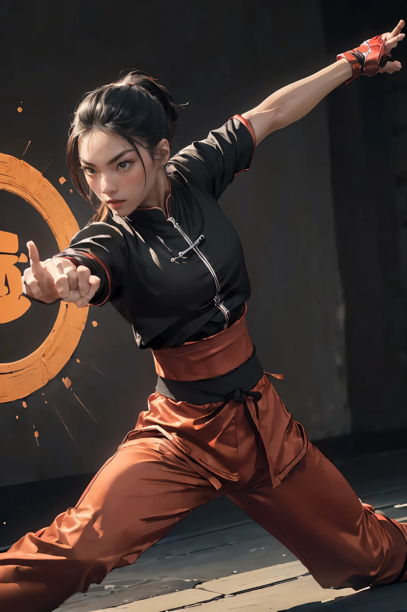 (((Highest quality, 8k, masterpiece:1.3)), 1girl, ((futuristic Kung Fu Clothing)), Toned Body,  black track pants, red kungfu-styled jacket, Looking at the viewer, dynamic pose, model pose, perfect body, perfect hands, fists