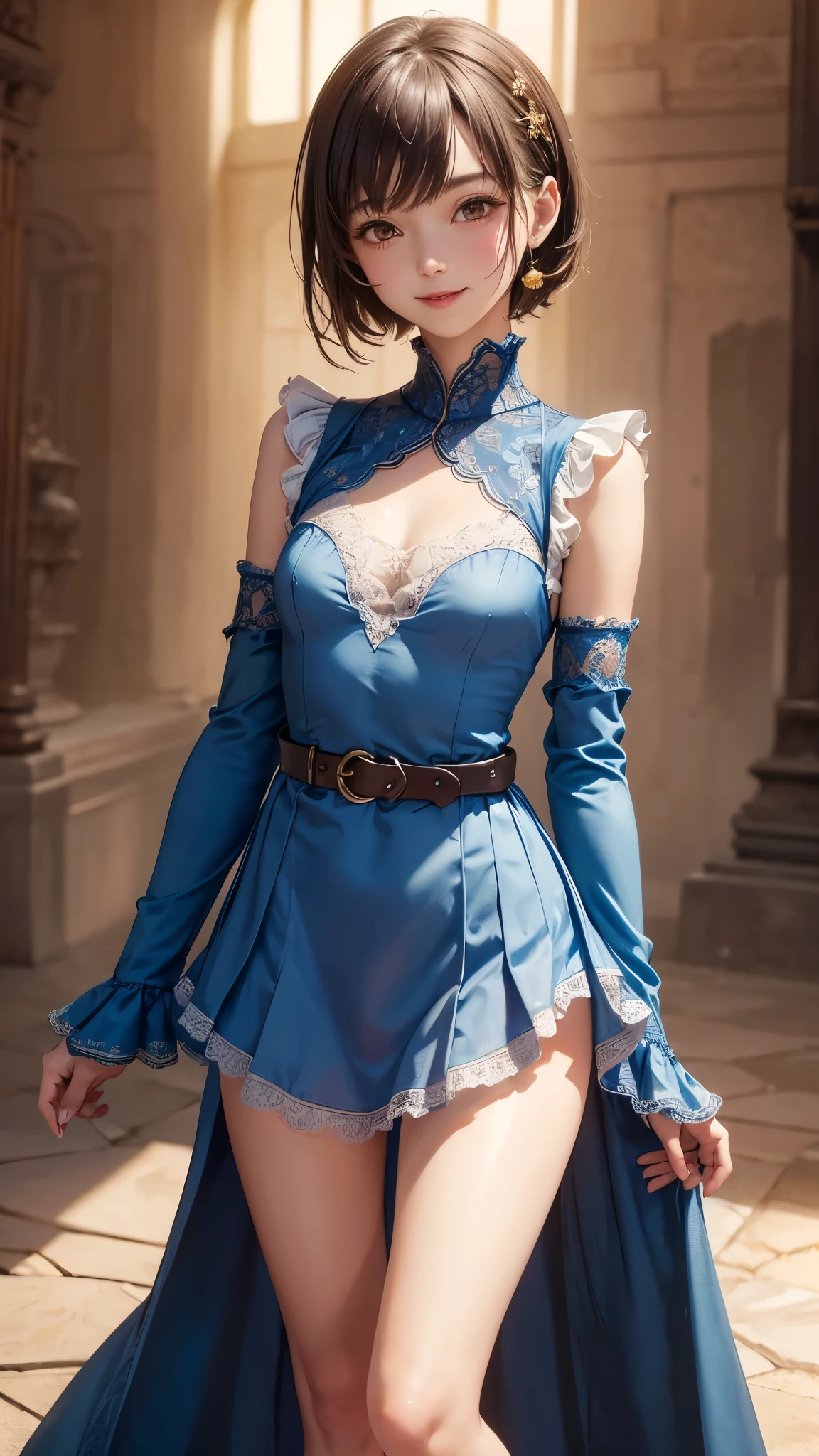 One girl, young girl, (small breasts), wearing sun dress, chest frills, transparent cotton dress, (arm sleeves), one side leg waist slit, blue dress, lacework, brown belt, thighs, short hairs,  blushing, smiling, extremely detailed face, 4k, perfect lighting, (standing straight)