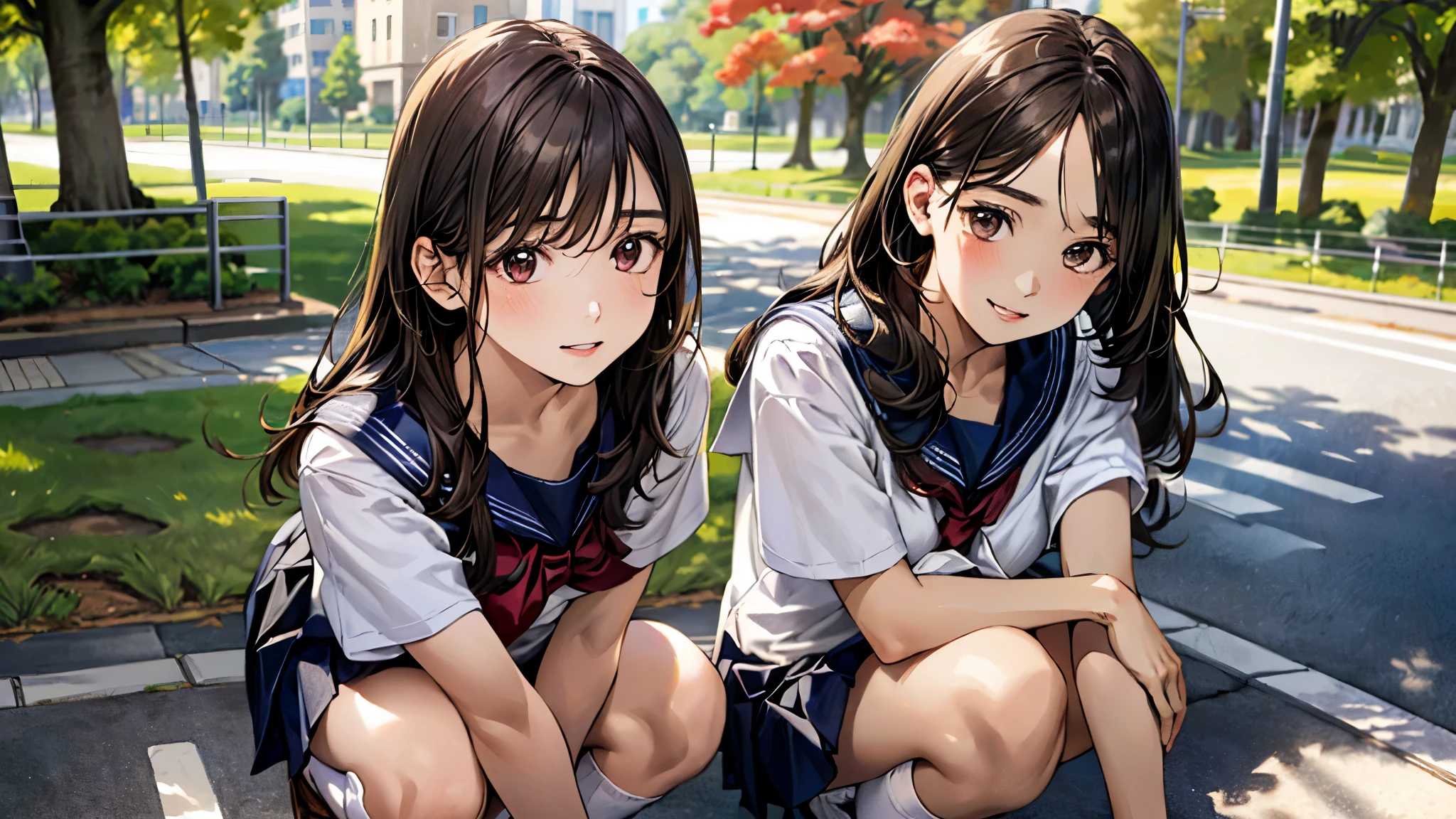 (masterpiece:1.3, top-quality, ultra high res, ultra detailed), (realistic, photorealistic:1.4), beautiful illustration, perfect lighting, natural lighting, depth of fields,
beautiful detailed hair, beautiful detailed face, beautiful detailed eyes, beautiful clavicle, beautiful body, beautiful chest, beautiful thigh, beautiful legs, beautiful fingers, shiny skin,
looking at viewer, (face focus), 1 girl, (((solo))), high school girl, (perfect anatomy, anatomically correct, super detailed skin), cute and symmetrical face, perfect face, perfect eyes, babyface,
(long hair, straight hair, brown hair), forehead, gray eyes, drooping eyes, big eyes, long eyelashes, (medium breasts, seductive thighs), slender, outstanding style, tiny,
(detailed cloth texture, short sleeves cute sailor suit, pleated skirt, sailor collar, sailor scarf, socks),
(beautiful scenery), autumn, afternoon, (park:1.2, tree-lined avenue, chestnut tree, ginkgo tree, grass), squatting, fold arms, (lovely smile, upper eyes, parted lips),