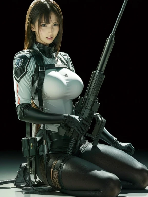 Please redeem、Amazing details、Ultra-high resolution、（realism：1.4）、（（close：0.75））、One woman is very condensed、Beautiful and delicate face、Perfect balance、Narrow your target audience、Large Breasts）、Brown Hair、（White Technology Suit）、（Cyborg Vs... Police uniform、、、Black and grey mech、Military Harness、RPG-7、Hitch Tech Flamethrower Tank Transport）、The background is a simple gray wall.、