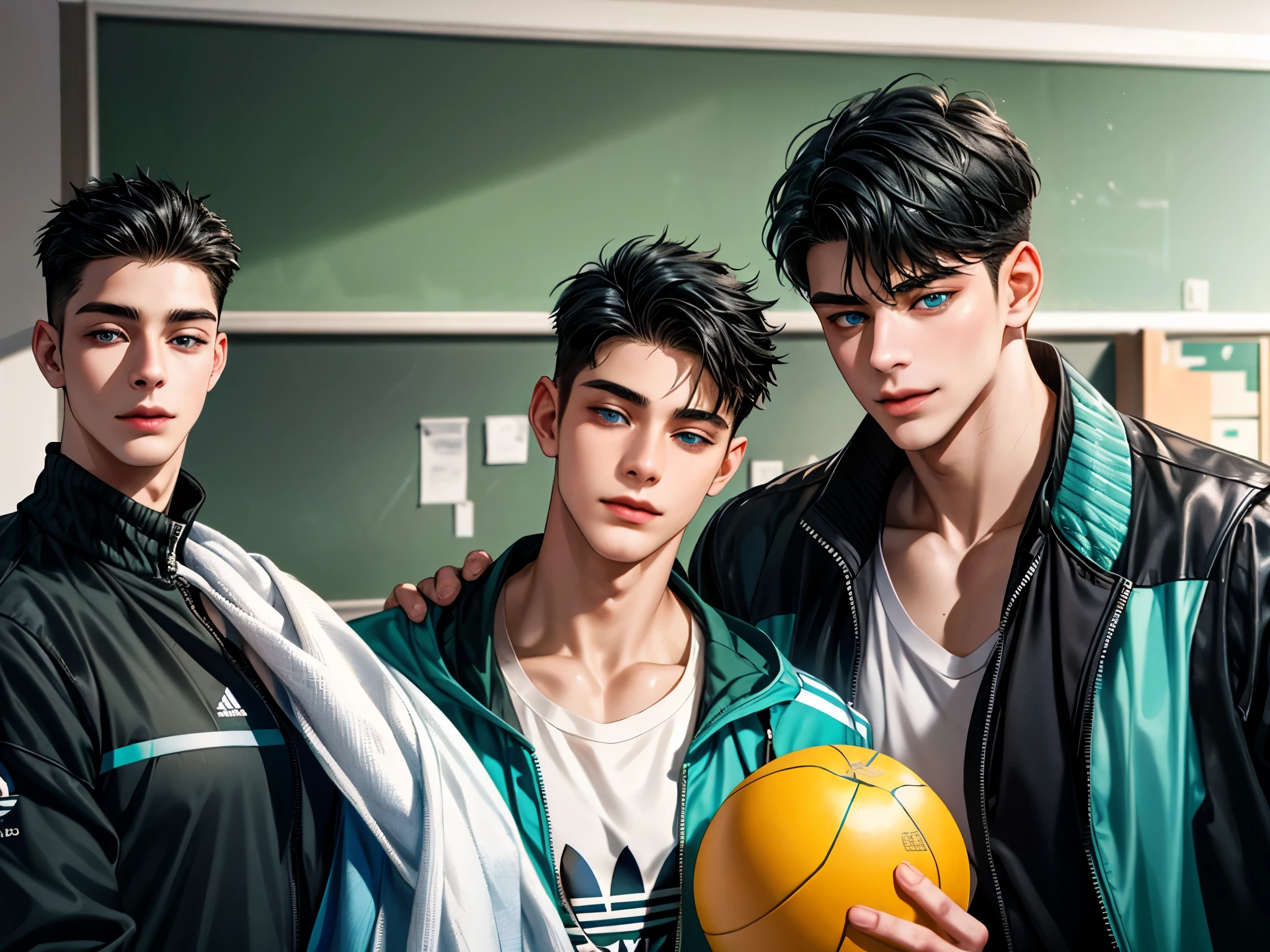 a handsome young man, black hair, badboy, short hair, blue eyes, ombros largos, masterpiece, absurd face, beautiful and detailed, gentle smile, with dark green adidas jacket, sunny environment during the day, in a classroom, talking to three young people