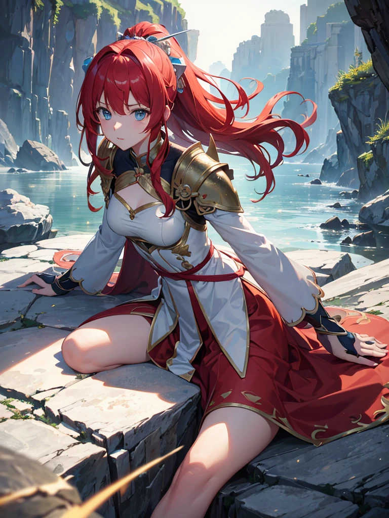 4K,High resolution,One Woman,Red Hair,long hair,Braid,Blue Eyes,Big Breasts,Ancient Chinese Generals,Ancient Chinese White Armor,Heavy Armor,Full Armor,Sideboob,ancient chinese crown,Long sword,Ancient Chinese Villages