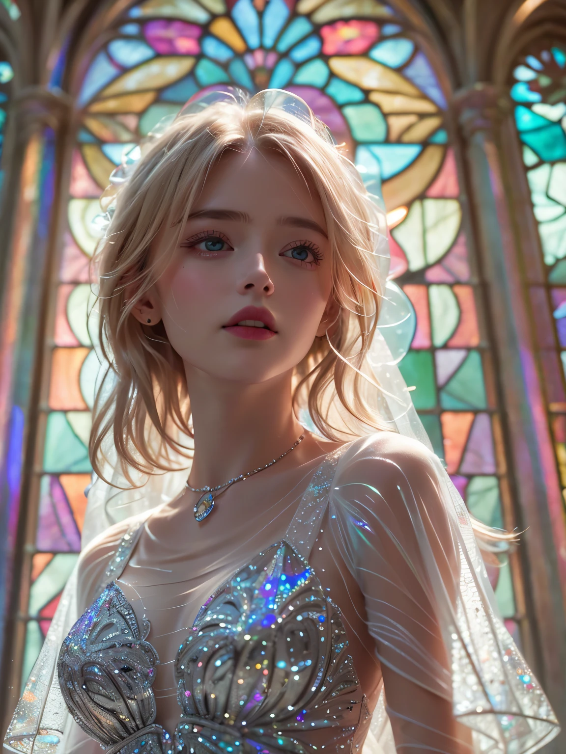 (((UHD))), (((masterpiece))), (((8k))), (((highres))), (((Surrealism))), (((cinematic lighting))), god rays, zoom layer, (((fullbody shot))), f/4.0, Canon, shiny skin,detailed skin,detailed face, detailed eyes, Mirror Goddess,Silver flowing curls of hair, serene expression,Gown with a mirror-like translucency, dress with mirror-like reflective effects,Small mirror pendant, small mirror earrings, silver bracelet,Aura of reflective light surrounding her, like mirrors,Garden of Crystal Reflection,Crystal pond,Arch of mirrors,Sculptures of reflection,Enchanting illumination