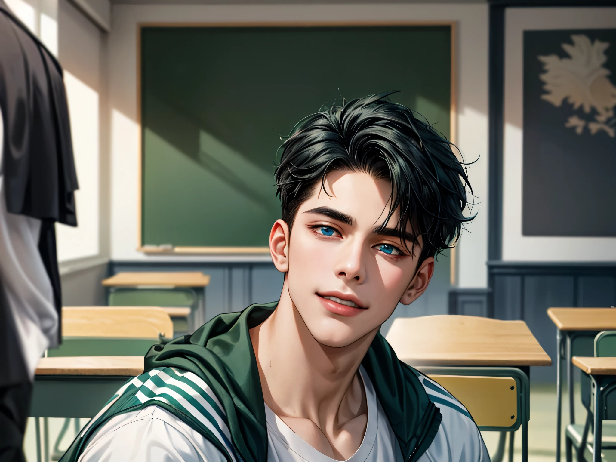 a handsome young man, black hair, badboy, short hair, blue eyes, ombros largos, masterpiece, absurd face, beautiful and detailed, gentle smile, with dark green adidas jacket, sunny environment during the day, in a classroom, talking to three young colleagues