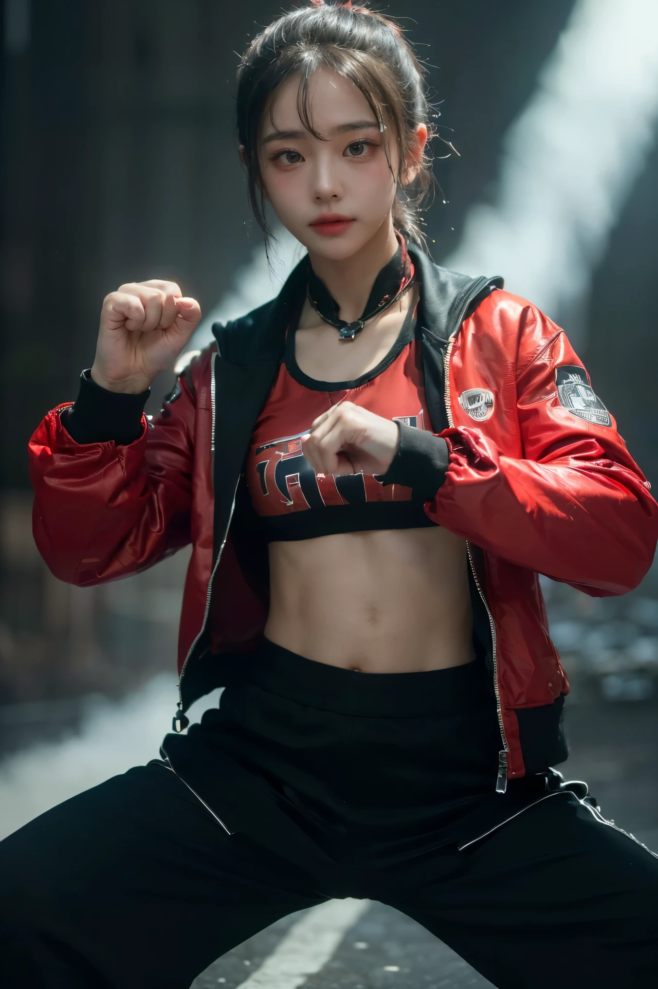 (((Highest quality, 8k, masterpiece:1.3)), 1girl, ((futuristic Kung Fu Clothing)), Toned Body, black track pants, red kungfu-styled jacket, Looking at the viewer, dynamic pose, model pose, perfect body, perfect hands, fists