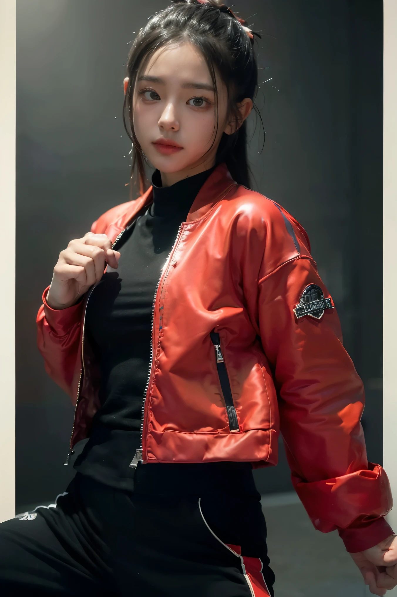 (((Highest quality, 8k, masterpiece:1.3)), 1girl, ((futuristic Kung Fu Clothing)), Toned Body, black track pants, red kungfu-styled jacket, Looking at the viewer, dynamic pose, model pose, perfect body, perfect hands, fists