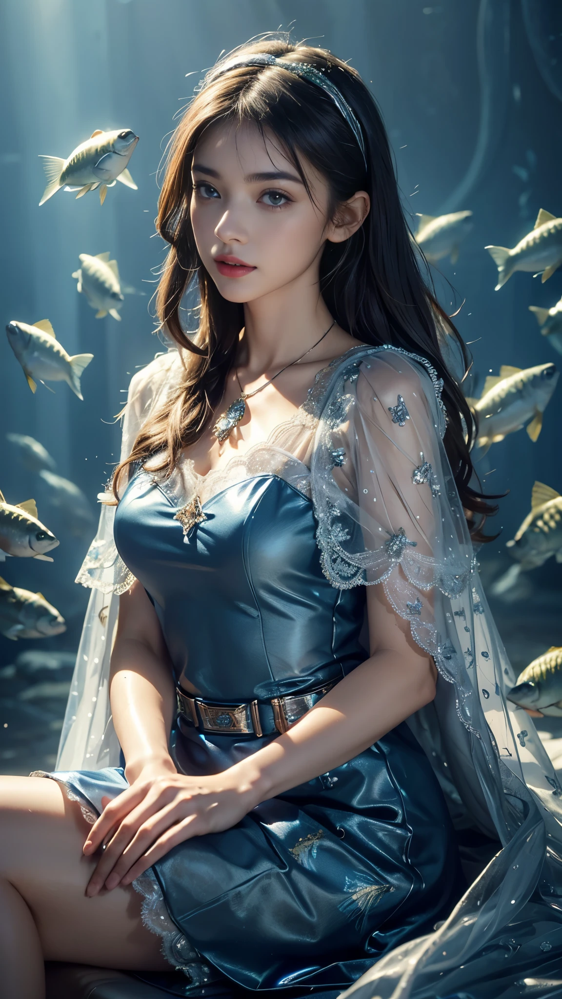 a beautiful young woman with long brown hair, beautiful detailed eyes, beautiful detailed lips, extremely detailed face and eyes, long eyelashes, sexy face, charming smile, looking at viewer, off shoulder, giant aquarium with sharks, rays and sea bream swimming, best quality, 8k, high resolution, ultra-detailed, finely detailed, perfect dynamic composition, masterpiece, photorealistic, intricate details, cinematic lighting, vibrant colors