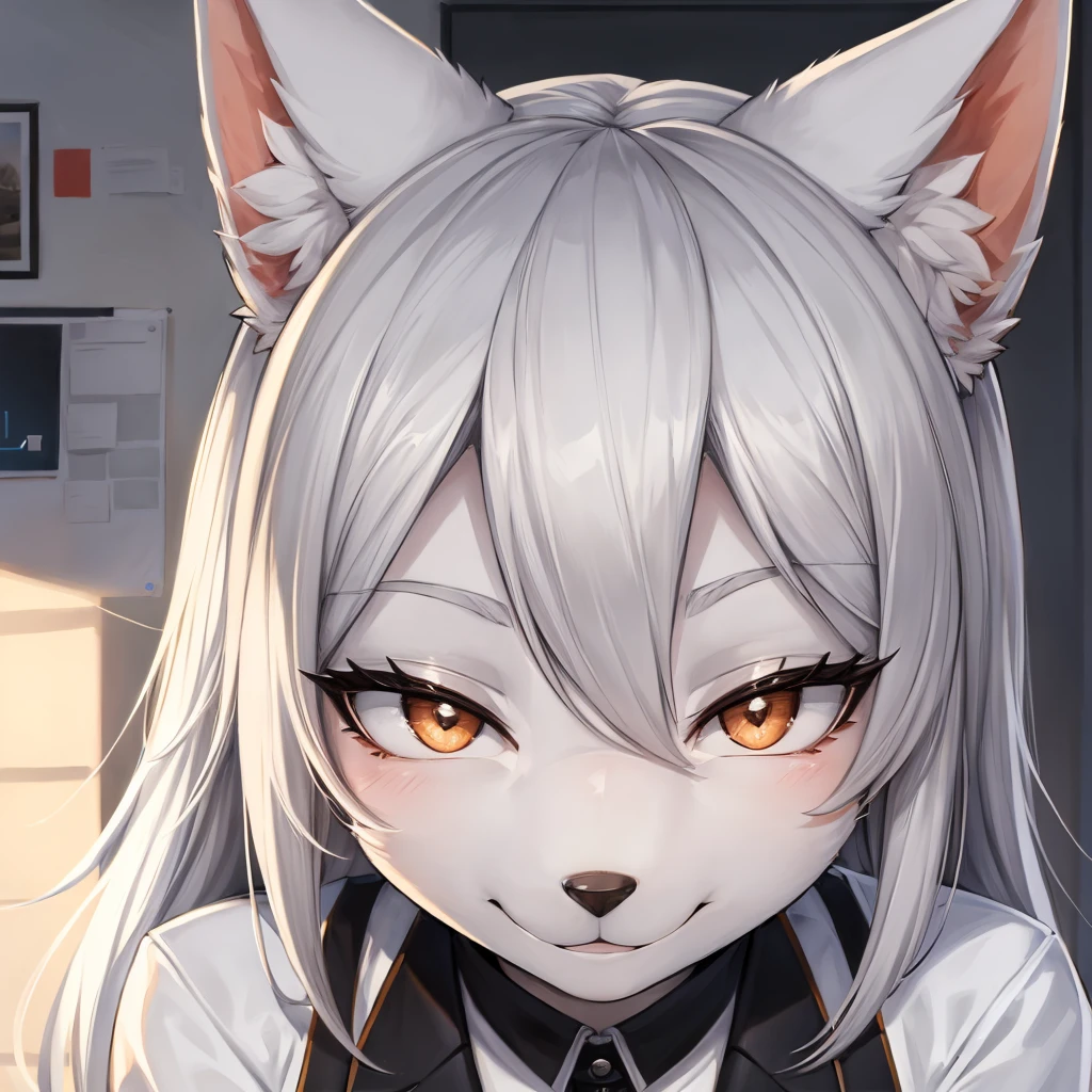 furry, white fur, ultra cute face, red elements on fur, beautiful lights and shadows, ambient light, ultra detailed fur, volumetric light ,