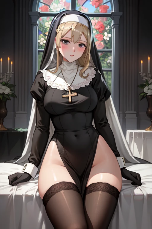 Ultra-realistic 8K CG, perfection, clean, masterpiece, Professional artwork, Famous works of art, Cinema Lighting, Cinematic Flowers, perfectionな顔, Beautiful Face, Knee socks, Black gloves, Cross Necklace, Side slits, Nun