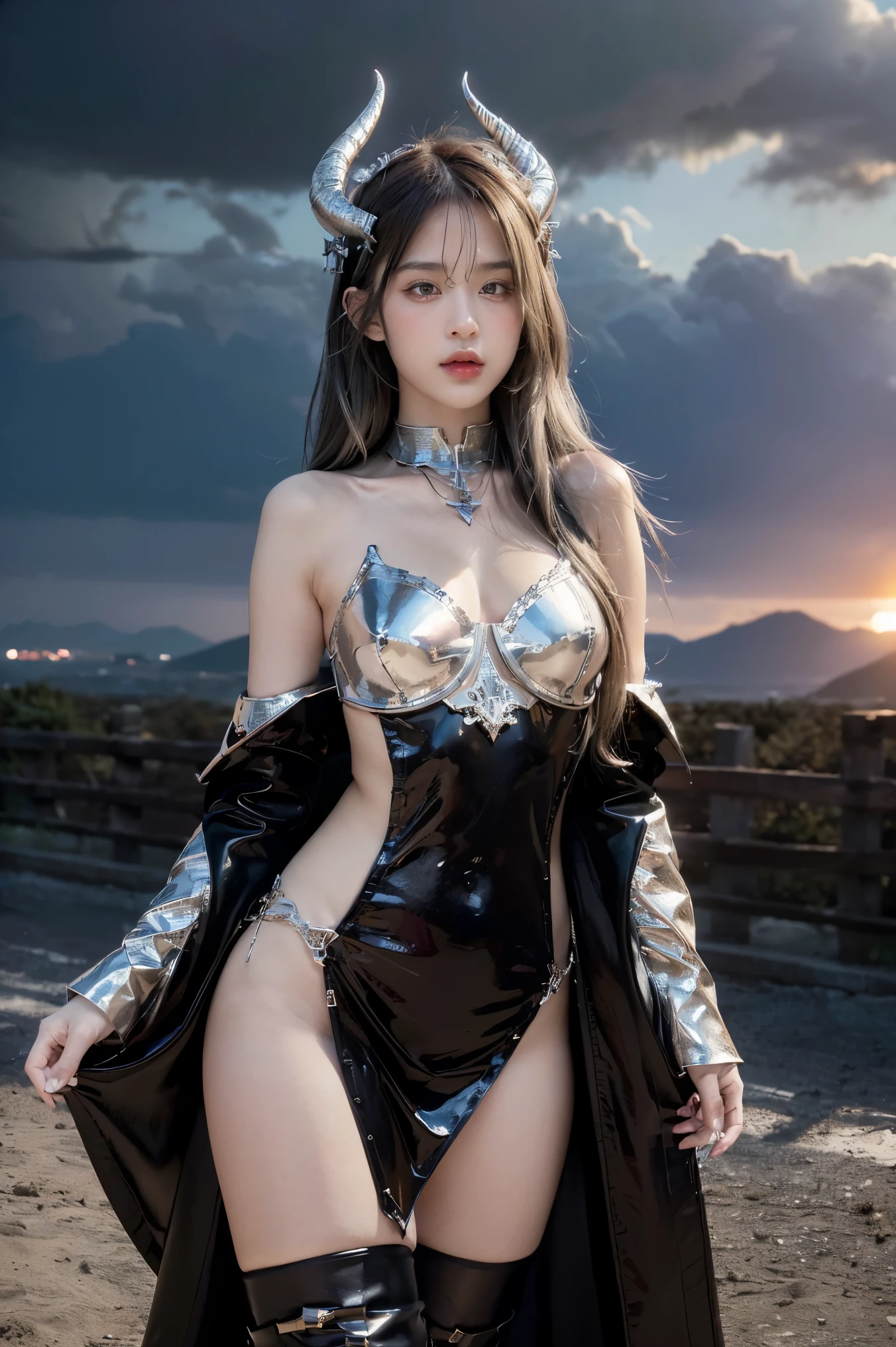 ((masterpiece, best quality, extremely detailed), volumetric lighting, ambient occlusion, colorful, glowing), 1girl, solo, young girl, (dark hair), long hair, horns, aura, devilish, goddess, cleric suit, (black outfit with silver detailst:1.3), devil wings, outdoors, sunset, sky, clouds, space, (fantasy theme:1.2),