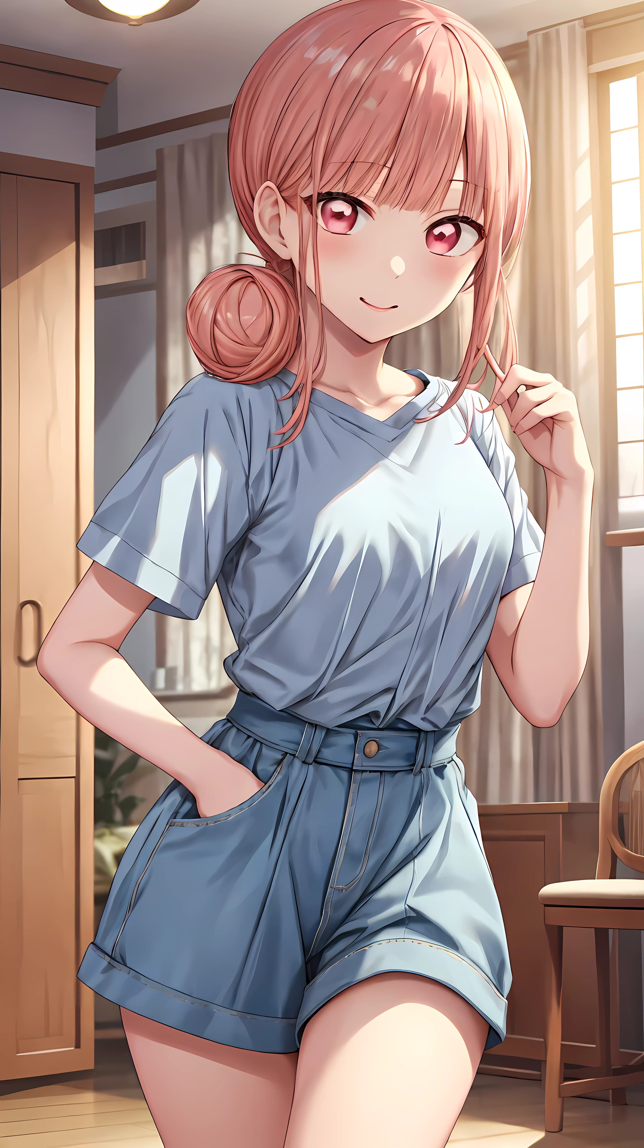 (masterpiece)),(Best Quality),official art,Highly detailed CG,unity 8k wallpaper,Super detailed, 
break chono_the others, Pink Hair, BLANCING、Pale pink eyes、Bun Hair, (Small breasts:1.2), (Two buns of hair under each ear:1.3)、(Casual, tasteful clothing:1.4)
Break Shiny Eyes, Beautiful Eyes, Enchanting, Erotic, Glowing skin、 
break indoors, 
break looking at viewer, (A dynamic pose:1.3), smile,Composition from below, Thighs, sexy, (Random Composition:1.3)
break  (Beautiful Fine grain:1.6), Highly detailed face, Perfect lighting, Highly detailed CG, (Perfect hands, Perfect Anatomy), 
break ((masterpiece,Best Quality)), Super detailed, Shine, Shine, Ray Tracing, (Perfect Face, Detailed face, Fine grain, Perfect hands, Perfect Fingers:1.5), HD, Super cute face, Best Quality, Super detailed, break Shine目, break (Best Qualityのアニメ調イラスト:1.5), (Super Fine), (Cute illustrations:1.3), (High chroma:1.3),, Beautiful detailed face and eyes, Dynamic Lighting, (Very delicate and beautiful), 
break (Nice hands), (Perfect hands:1.4), Highly detailed illustration, Super cute and beautiful, Best Quality, slender,
break (Complex background, There are many elements in the background:1.2), gym, Rhythmic gymnastics practice, Depth of written boundary, Particles of light,((Super detailed background)), ((8K wallpaper))