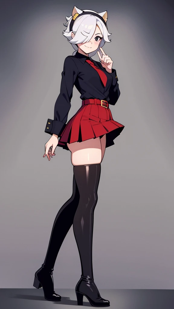 a girl with a red skirt and a black skirt under the red shirt . red stockings with the top black. red zip up hoodie with a black shirt underneath. red hair and red eyes has a black Choker Necklace